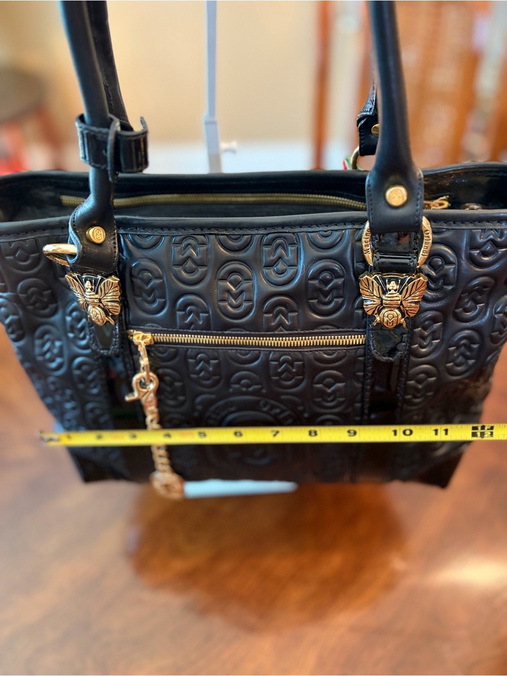 Marino Orlandi Black Quilted Patent Satchel with Gold Charm - Picture 10 of 12